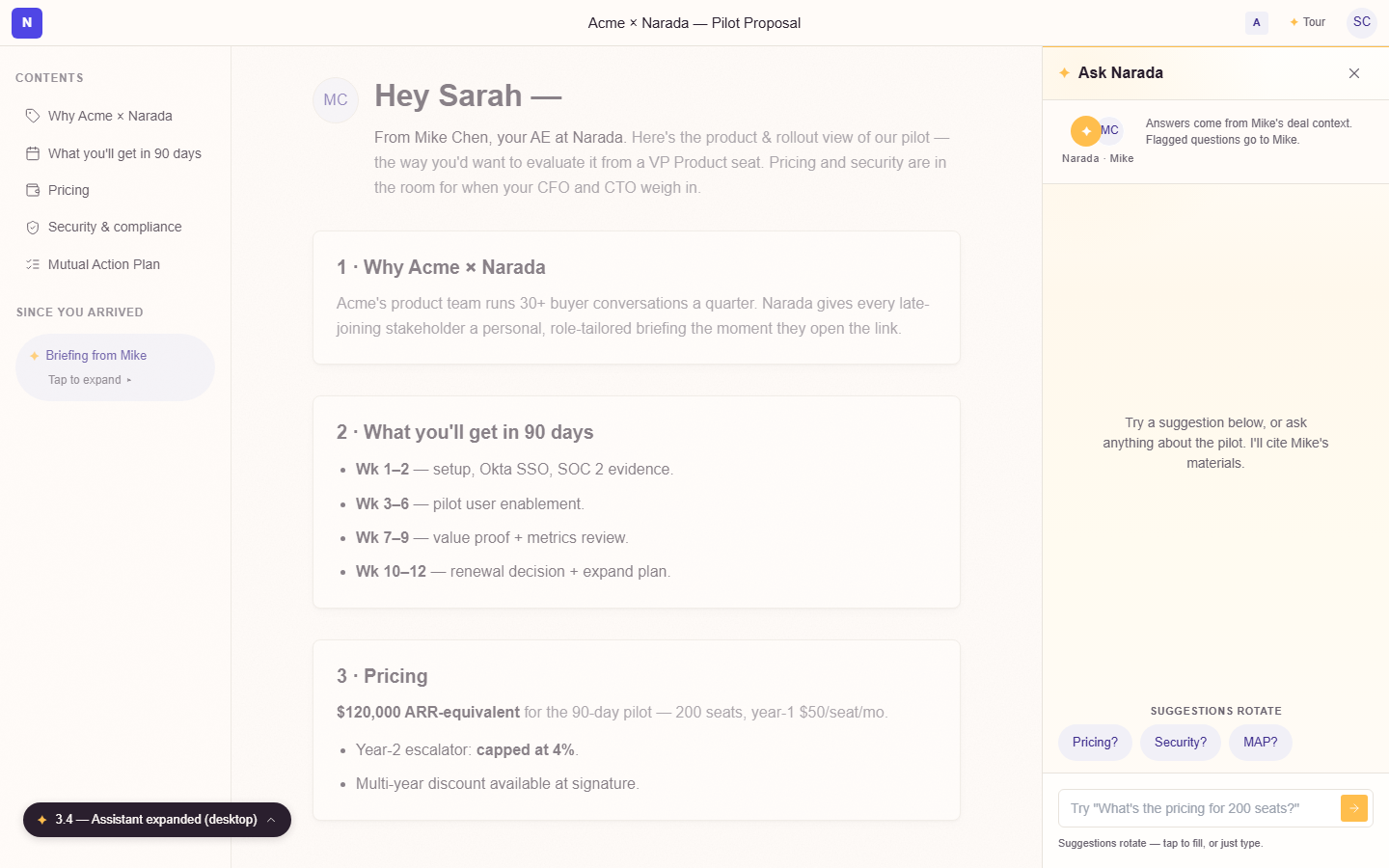Narada's in-room AI Assistant — chat-style sidebar grounded in the deal's own collateral, with suggestion chips for common buyer questions.